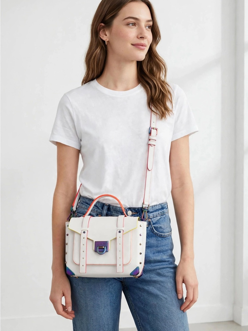 Michael Kors Manhattan Medium Top Handle White/Neon Trim Crossbody Bag